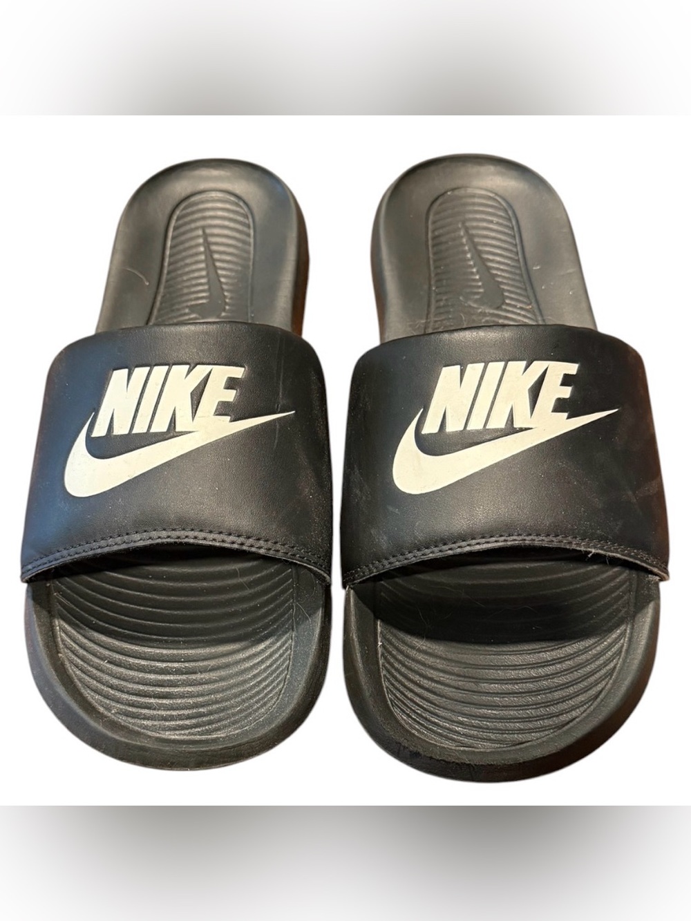 Nike Men’s Black Slide Sandals with White Logo Size 11 EUC